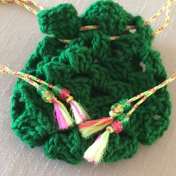 Hand Crafted Shamrock Bag Green Crochet with Yellow Drawstrings - Picture 2 of 9